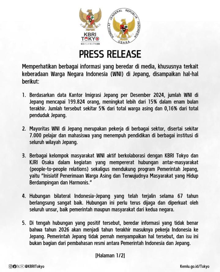 Apakah 2026 Terakhir Masuknya Pekerja Indonesia Ke Jepang? Begini Klarifikasi KBRI Tokyo Dan KJRI Osaka